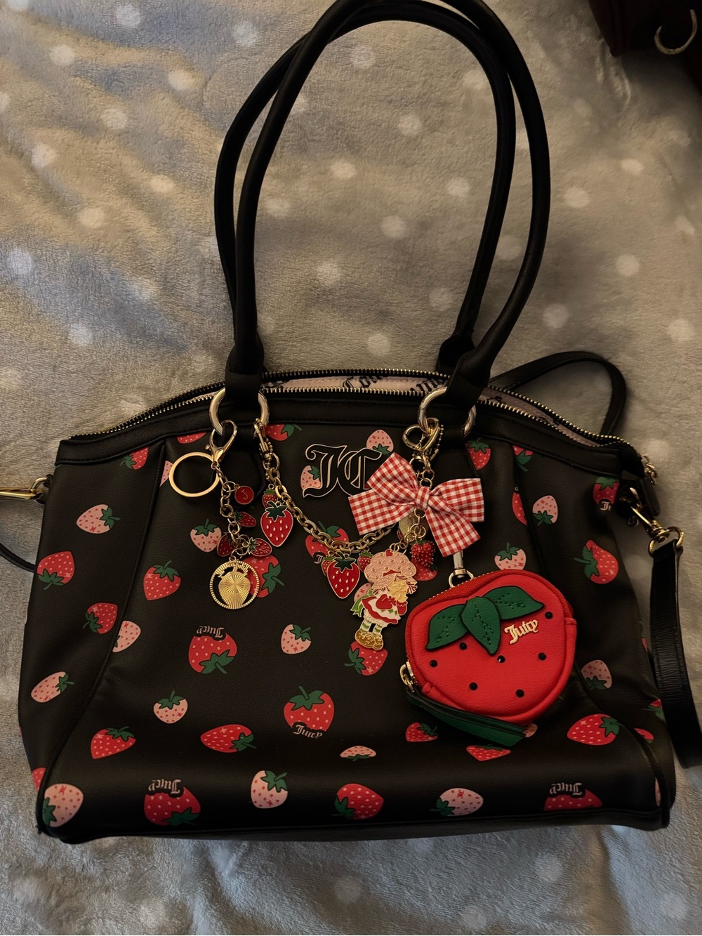 Juicy Couture Black Strawberry-Print Shoulder Bag with Charm Accents